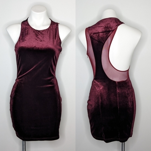 Superdown Grazia scoop back maroon velvet & mesh body con mini dress S - Picture 1 of 10